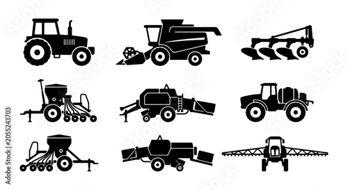 Foto Agricultural Machinery Icons: Tractor, Combine Harvester, Plow, Seeder, Sprayer,