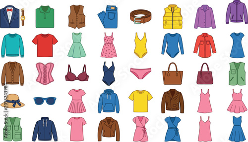 Konstfotografi Flat Lay Vector Icon Set of Diverse Colorful Men and Women Clothing Garments and