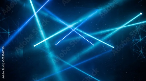 Abstract Blue Laser Beams Intersecting in Darkness.