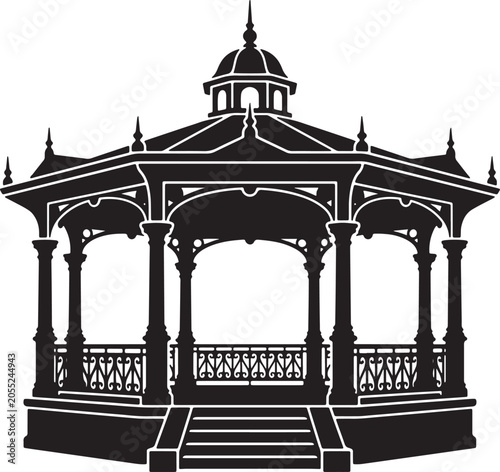 Fotografija Elegant Black Silhouette Gazebo, Victorian Pavilion Structure, Outdoor Wedding V