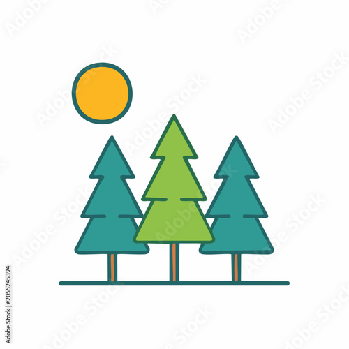 Stylized illustration of pine trees and sun