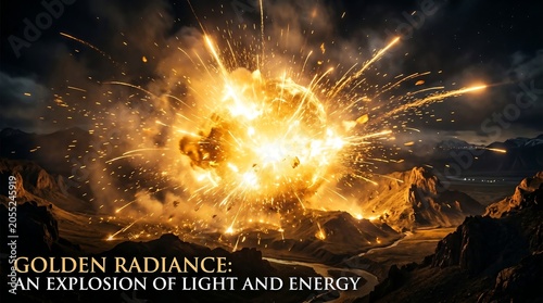 Brilliant Golden Explosion Illuminating Rugged Mountain Landscape at Night