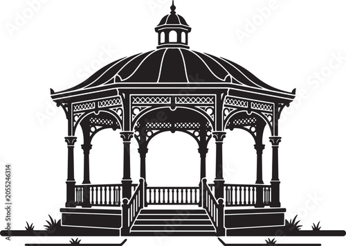 Fotografija Ornate Victorian Gazebo Silhouette, Classic Outdoor Pavilion Vector, Elegant Gar