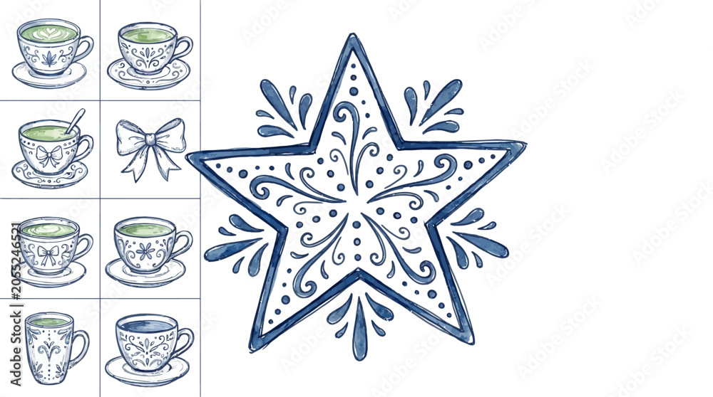 Obraz premium Elegant Decorative Inky Blue Star Doodle Hand Drawn Illustration with Artistic Splatter Textures Isolated on White Background for Minimalist Graphic Design Element Projects