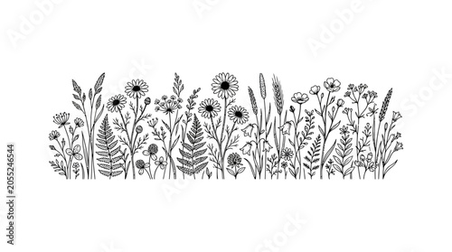 Black and white wildflowers illustration.