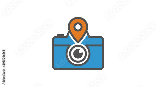 Blue camera with orange location pin.