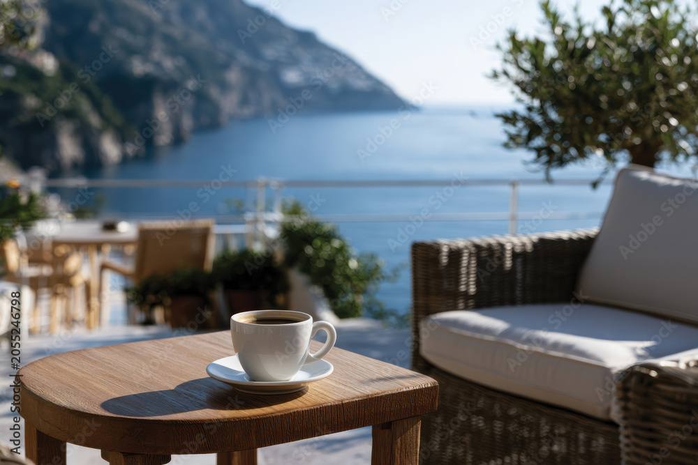 Fototapeta premium A cup of coffee placed on a wooden table overlooking the beautiful Amalfi coastline, evoking feelings of relaxation and contentment in a serene environment.