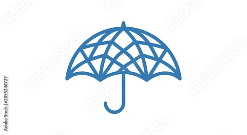 Blue umbrella with geometric pattern.