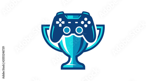 Blue trophy with game controller.