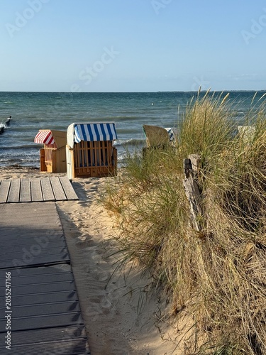 summer view to the beach with beach chairs