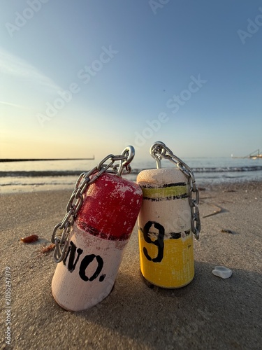 whimsical self created wooden buoys at the beach