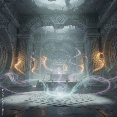 Ancient Temple Interior Fantasy Game Concept Art, Cinematic Key Visual｜古代神殿の内部 ファンタジーゲームコンセプトアート 和風幻想｜古代神殿の内部 ファンタジーゲームコンセプトアート
