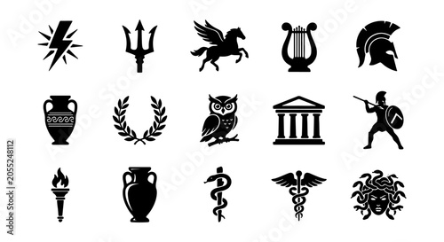 Bild auf Leinwand Ancient Greek Mythology Icons Set, Zeus Lightning Bolt, Poseidon Trident, Pegasu