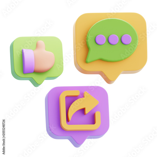 3D Social Media Icons: Like, Chat, Share