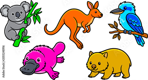 Photography Cute Australian Native Wildlife Cartoon Sticker Set Featuring Climbing Koala Hop