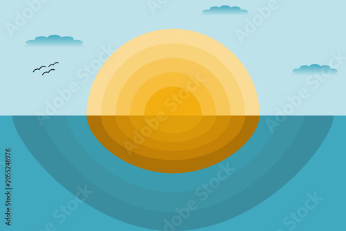 A flat vector illustration of a big geometric sun rising over the calm blue sea with small birds