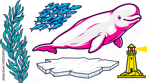 Obraz na plátně Cute Cartoon Beluga Whale Sticker Set Featuring School of Fish Tall Seaweed Kelp