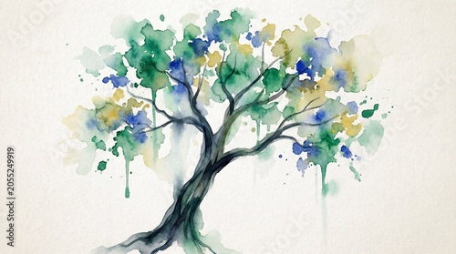 An abstract watercolor painting of a stylized tree with green, blue, and yellow splatters representing leaves and blossoms, with dark roots twisting at the bottom on a textured cream background
