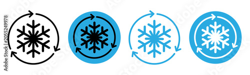 Snowflake refresh icon set with circular arrows. Winter reload symbol, cold weather update concept, flat vector design, isolated on light background