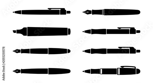 Fotografie Black Pen Icons Set, Writing Instruments Collection, Stationery Vector Graphics,