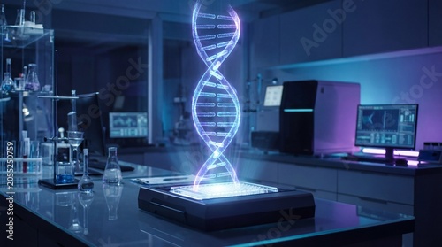 A holographic DNA strand glowing in a futuristic laboratory setting, surrounded by advanced scientific equipment. The scene is illuminated with vibrant purple and blue lights.