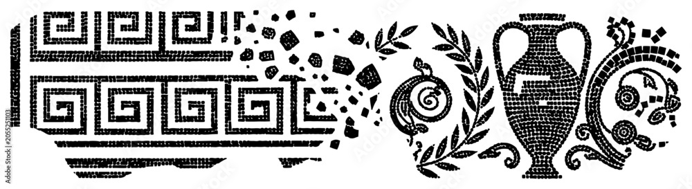 Fototapeta premium Ancient Greek mosaic elements with meander pattern and amphora silhouette in monochrome style
