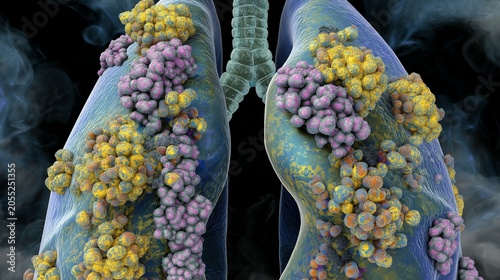 Medical illustration of diseased lungs showing infection