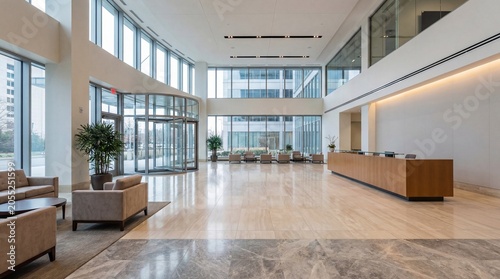 A modern and spacious lobby of an office building, featuring a reception desk, comfortable seating areas, and large windows that let in natural light