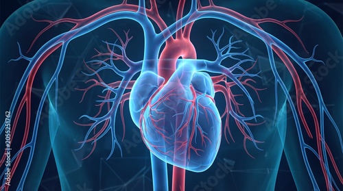 Anatomical illustration of the human heart with arteries and veins clearly visible, showcasing the circulatory system