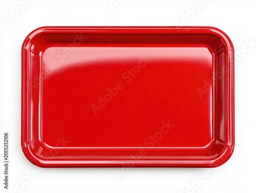 A vibrant, top-down shot showcases a shiny, rectangular, red tray with rounded corners, isolated on a stark white backdrop