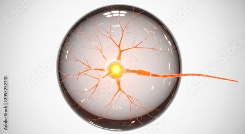 3D Render of a Neuron Cell with Glowing Synapses and Axon.