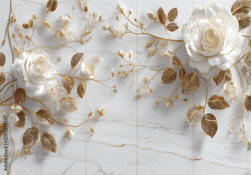 An elegant arrangement of large white roses, golden leaves, and delicate blossoms intertwining on a white marbled surface