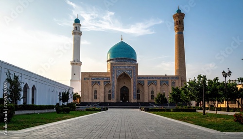 Architectural structure featuring a central domed building with two minarets under a bright blue sky. A paved path leads to the entrance