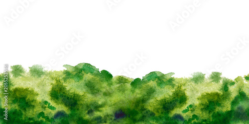 Seamless horizontal border with green bushes of a natural landscape on an isolated background. Watercolor illustration. For eco friendly branding, woodland travel banners, and organic cosmetic
