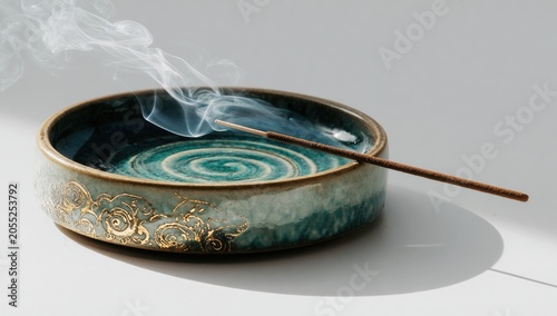 Close-up of a ceramic bowl with a swirling blue interior, holding an incense stick emitting wisps of smoke against a white backdrop