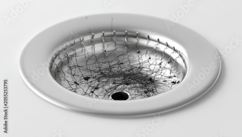 Close-up of a clogged bathroom sink drain, showcasing accumulated hair and debris. Metallic drain cover sits on a white surface, revealing internal obstruction