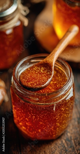 Close-up of a jar filled with golden, viscous liquid, a wooden spoon resting inside. Blurred background with more jars