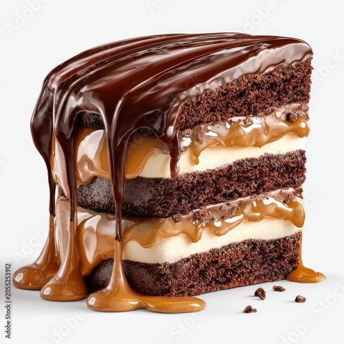 Close-up of a layered cake slice, featuring chocolate ganache and caramel drizzle, brown layers, and white cream