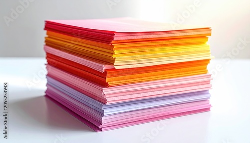Close-up of a neatly stacked pile of colorful, rectangular paper sheets, varying shades from pink to orange, on a white surface