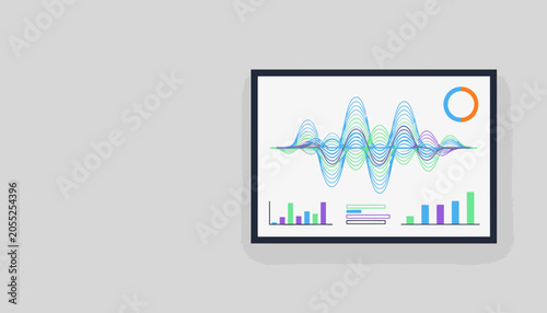 Digital screen displaying complex data visualization with wave patterns, bar charts, and pie chart, representing analytics and technology.