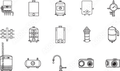 Monochrome boiler and HVAC installation icon collection for heating, cooling and ventilation systems.