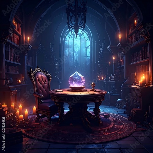 Glowing Crystal Orb Resting on Round Wooden Table in Candlelit Gothic Library