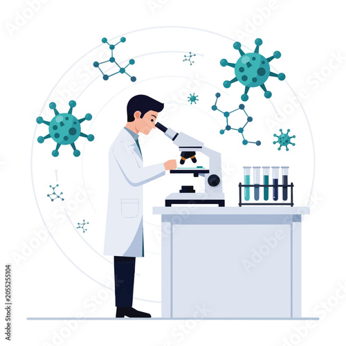 Minimalist scientific vector illustration with molecule icon and clean white background
