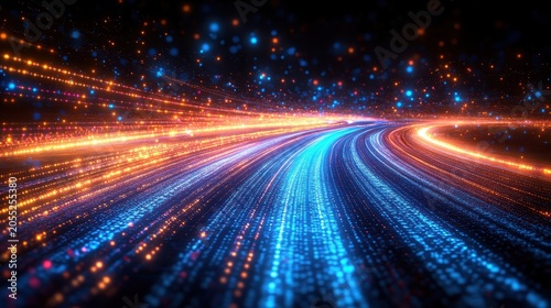 Abstract digital background with vibrant orange and blue light streaks representing high speed data transmission and connectivity