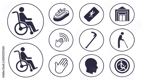 Fotografie Universal accessibility and disability icon set featuring wheelchair user, elder