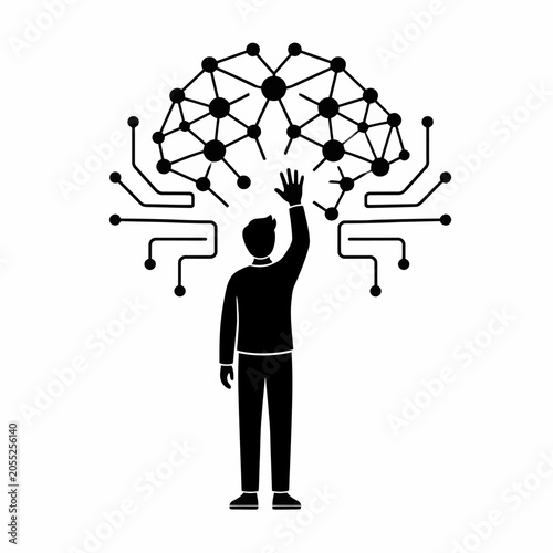 Human silhouette reaching towards a stylized brain network with circuit elements, representing artificial intelligence and technology concept