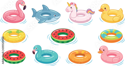 Fotografía cute colorful inflatable swimming pool floats animal rings and summer vacation t