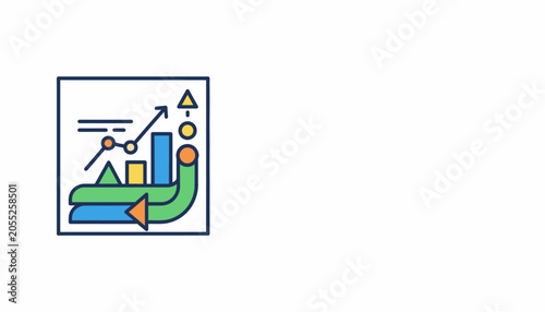 Abstract colorful infographic with bar chart, arrow and geometric shapes representing business growth and data analysis