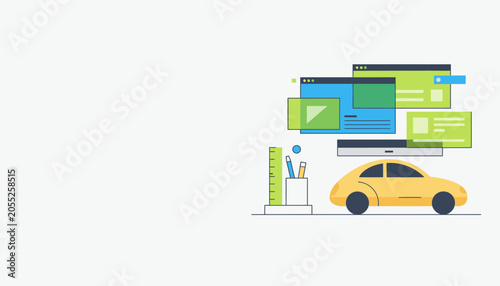 Flat design illustration of car design and development process with digital interfaces and tools
