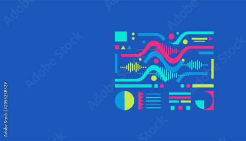 Abstract digital sound wave visualization with geometric shapes and data charts on a blue background